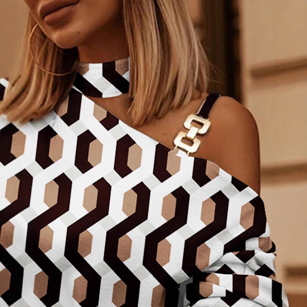 2022 estación independiente deseo Amazon popular Otoño e Invierno de manga larga cadena Halter impreso botón decorativo superior para las mujeres image 4