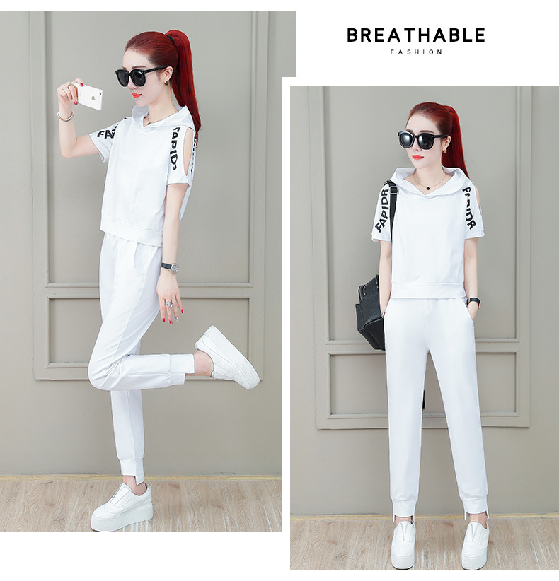 Women's Fashionable Loose Fit Sportswear Set Hooded Short Sleeve Top And Trousers Two Piece Student Outfit Summer 2026 Style_ecoleips.com