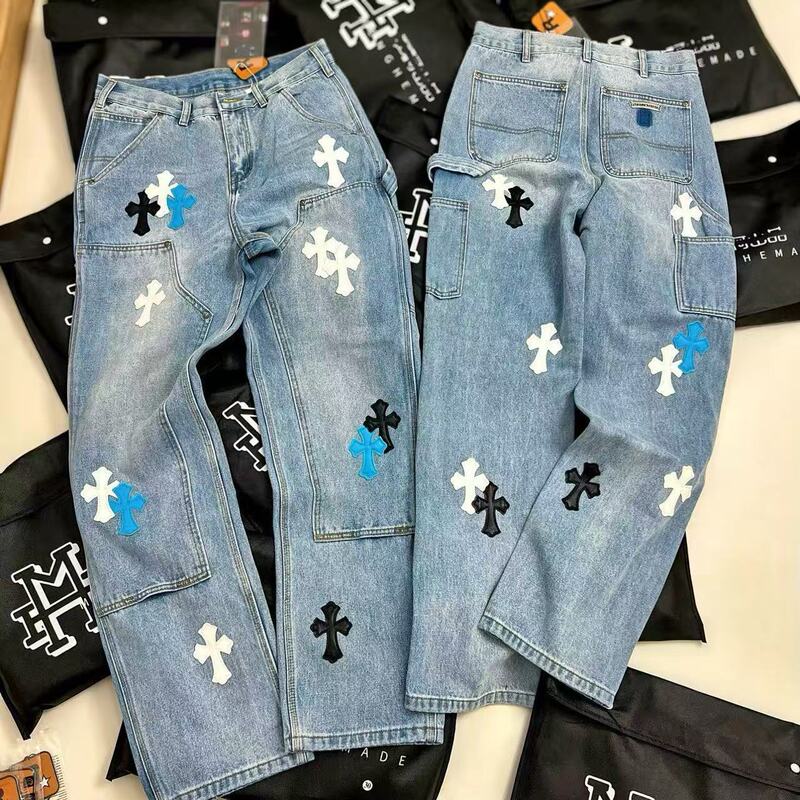 Cross-Border Foreign Trade Crochet Ch Double-Knee Cross Patch Leather B01 Version Lumberjack Pants Straight-Leg Sanskrit Work Pants for Men and Women Cross-Border Foreign Trade Crochet Ch Double-Knee Cross Patch Leather B01 Version Lumberjack Pants Straight-Leg Sanskrit Work Pants for Men and Women