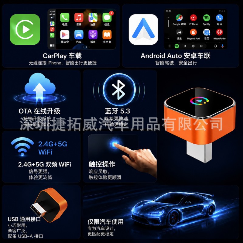 Cross-Border Car-Mounted Carplay Apple Android Auto Apple Car-Machine Connectivity Box Two-In-One Wireless Carplay