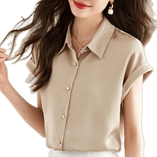 Women's High-End Silk Blouse Short-Sleeve Summer True Silk Shirt Top Loose Plus Size Fashion Elegant Versatile