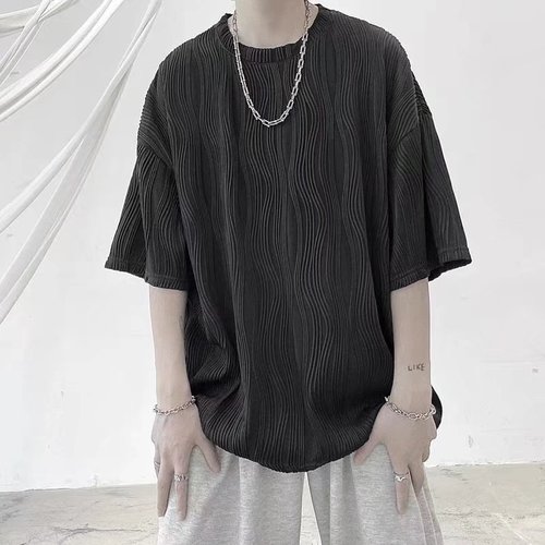 Men's Summer Loose Fit Flowing Ice Silk Striped T-Shirt with 5-Button Sleeve - Trendy Top for Casual Wear and Personal Style