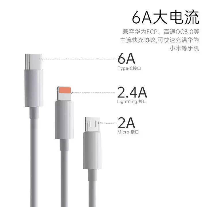 120W三合一数据线一拖三6A快充适用苹果安卓typec手机充电线批发