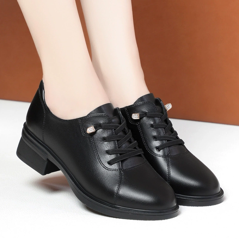 Весенне-осенняя Рабочая обувь с круглым носком, черная с мелким ртом, универсальная прочная кожаная обувь на шнуровке, износостойкая Водонепроницаемая Удобная Однослойная обувь на среднем каблуке