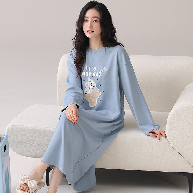 Spring and Autumn Women's Casual Dress with Double Pockets for Walking and Picking up Packages, 100% Cotton Soft Long-Sleeve Over-The-Knee Nightgown