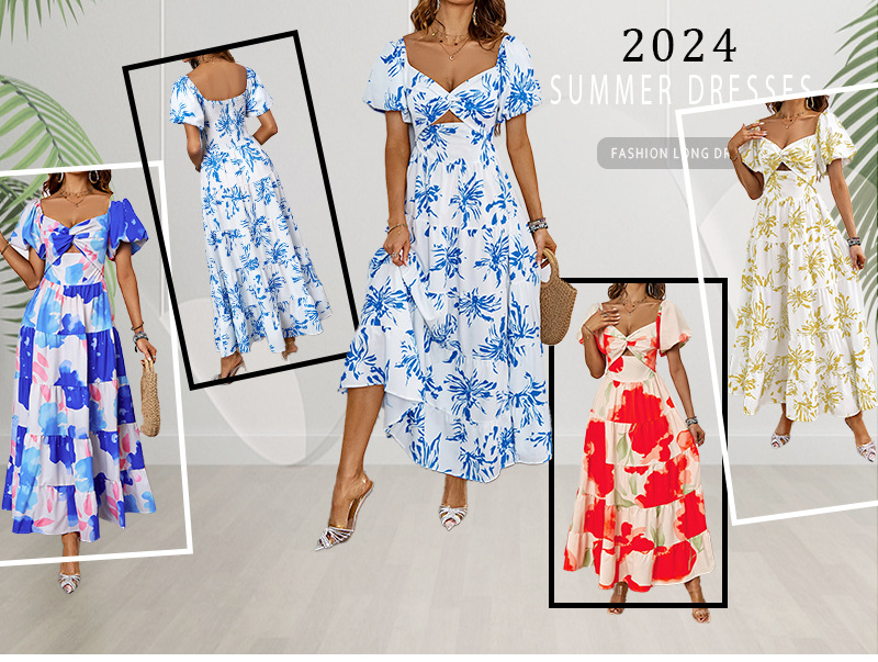 455g Weight Maxi Long Dress Dress Length Type Short Sleeve Sleeve Length Swing Dress Dresses Type Puff Sleeve Sleeve Type Polyester Fabric Type High Waist Waist Line Holiday, Daily Occasion Off Shoulder Neckline Regular Fit Fit Type Color Block, Painted Flower Pattern Summer Season Women's Gender Printing Design Elegant, Streetwear Style Wholesale Women's Elegant Streetwear Printing Color Block Painted Flower  Holiday Daily Off Shoulder Short Sleeve Swing Dress 无