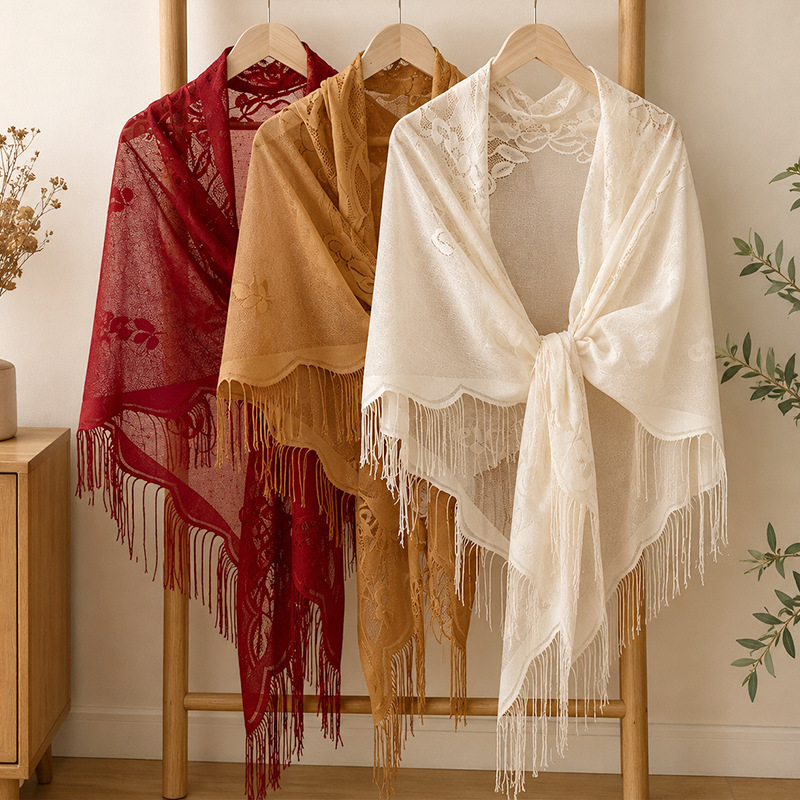 Lace fringed shawl, triangular scarf, lightweight spring/autumn dress, flag-style outerwear, decorative vest, silk scarf, versatile waist scarf for women Lace fringed shawl, triangular scarf, lightweight spring/autumn dress, flag-style outerwear, decorative vest, silk scarf, versatile waist scarf for women