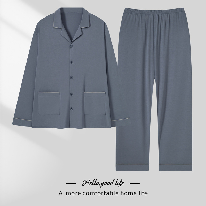 Men's spring and autumn modal long-sleeved pajama set: casual, soft, stretchy, comfortable, simple, cool-feeling, and available in plus sizes Men's spring and autumn modal long-sleeved pajama set: casual, soft, stretchy, comfortable, simple, cool-feeling, and available in plus sizes