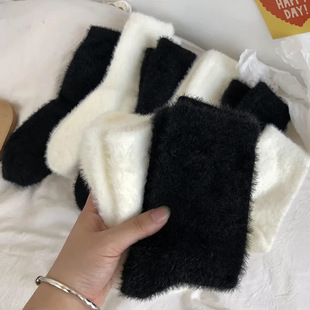 Imitation Mink Cashmere Socks Women's Mid-tube Autumn and Winter Warm fleece-lined Thickened Furry Black and White Moon Sleeping Furry Socks
