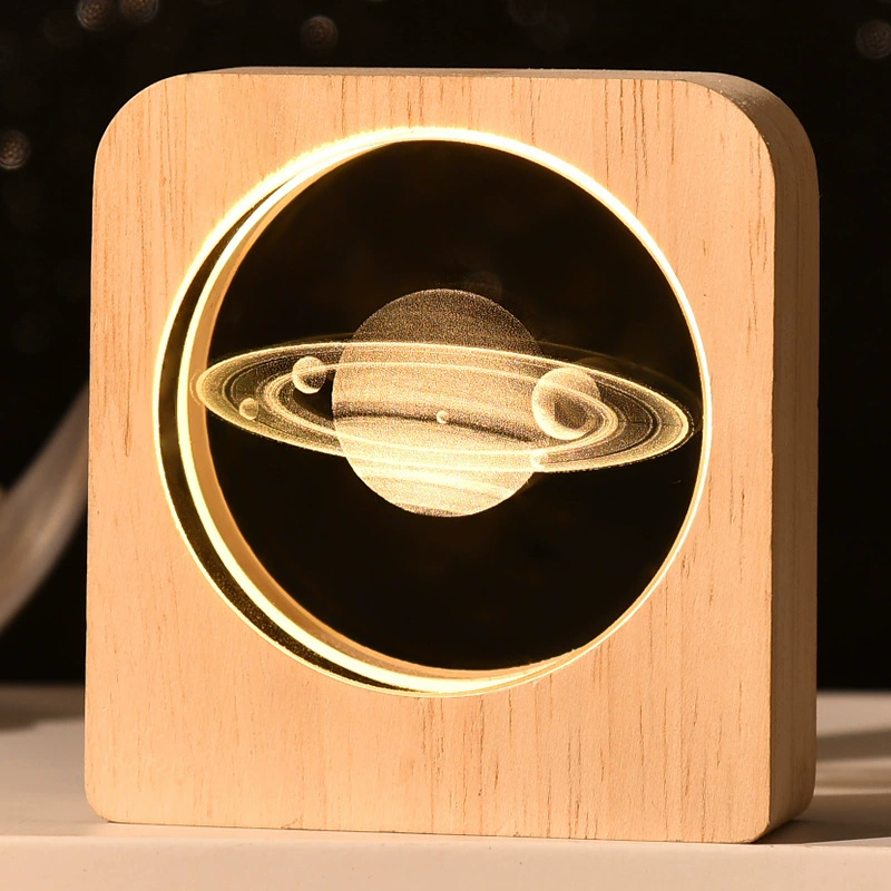 [跨境星球小夜灯3D图案内雕发光水晶桌面摆件木质底座景观节日礼物]