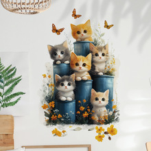 蓝色猫咪贴纸花朵蝴蝶浴室橱窗玻璃装饰墙贴画宠物店装饰画 46011