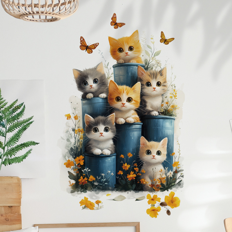 蓝色猫咪贴纸花朵蝴蝶浴室橱窗玻璃装饰墙贴画宠物店装饰画 46011