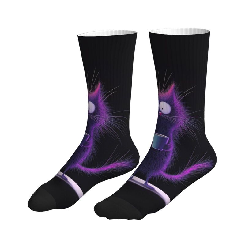 POD Funny Purple Plush Big-Eyed Cat Holding Coffee Cute Casual Mid-Calf Socks POD Funny Purple Plush Big-Eyed Cat Holding Coffee Cute Casual Mid-Calf Socks