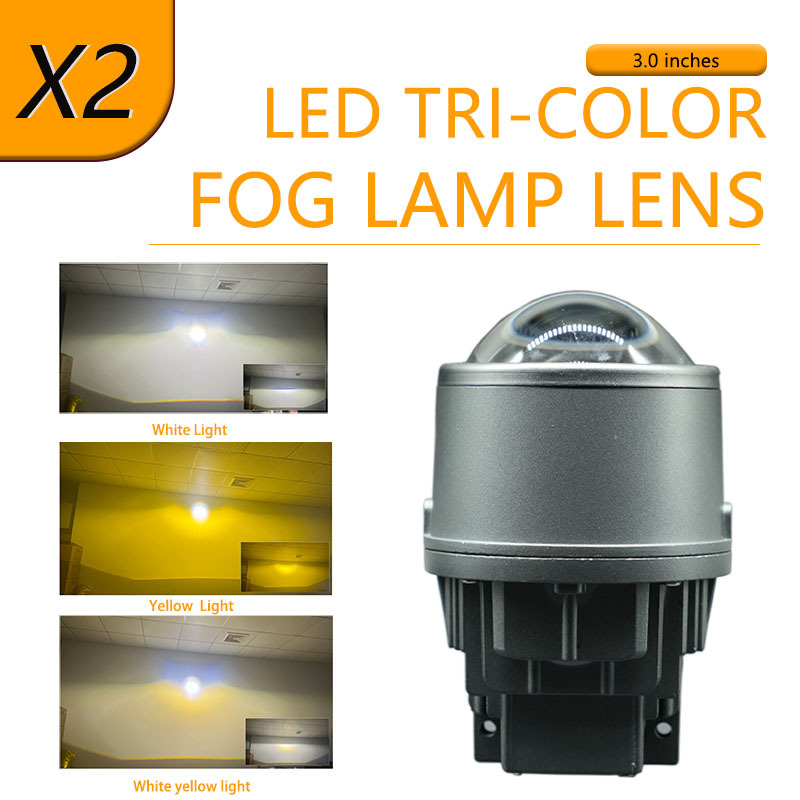 3 pulgadas doble copa de lámpara 6 + 1 chip de alta potencia LED tricolor amarillo blanco amarillo pálido lente de lámpara de niebla 65 watts lente de niebla