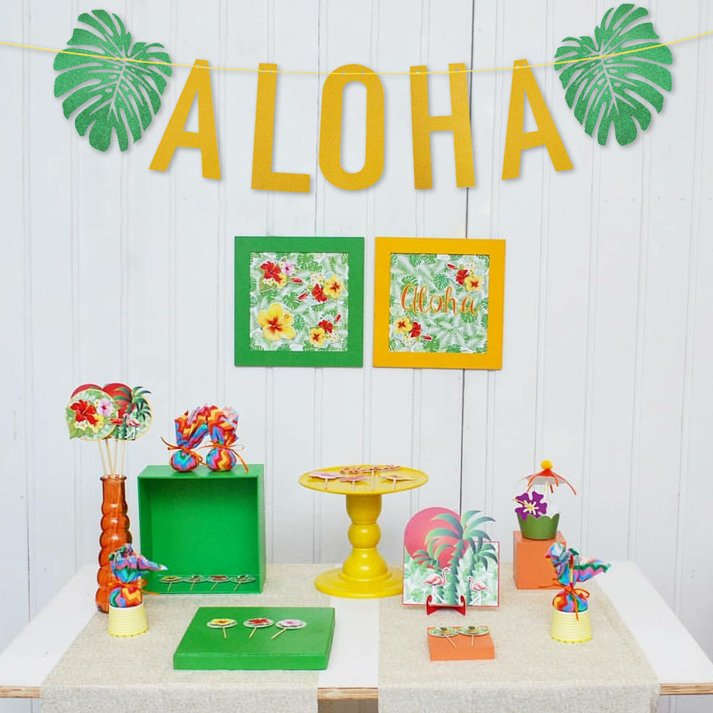 Árbol de coco Hawaiano ALOHA decoración del partido del verano brillo papel tire bandera decoración del aula de los niños