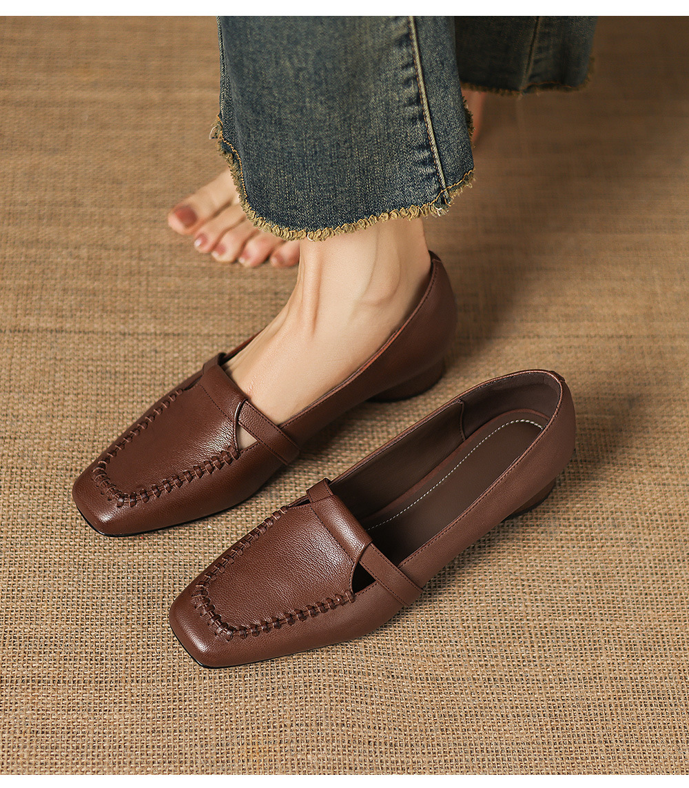 Giày da cừu nữ mũi vuông gót thấp dáng đơn giản — đen chi tiết 2