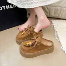 复古全包勃肯鞋女2025秋季新款不累脚厚底松糕半拖鞋系带袋鼠鞋