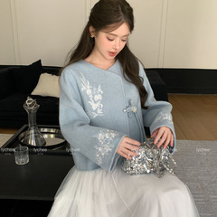 双面羊绒大衣女短款小个子双面羊毛大衣 重工刺绣新中式外套女装