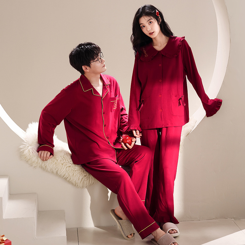 Couple's pajamas, women's bright red long-sleeved, new wedding, bride's festive pure cotton loungewear, men's zodiac year set