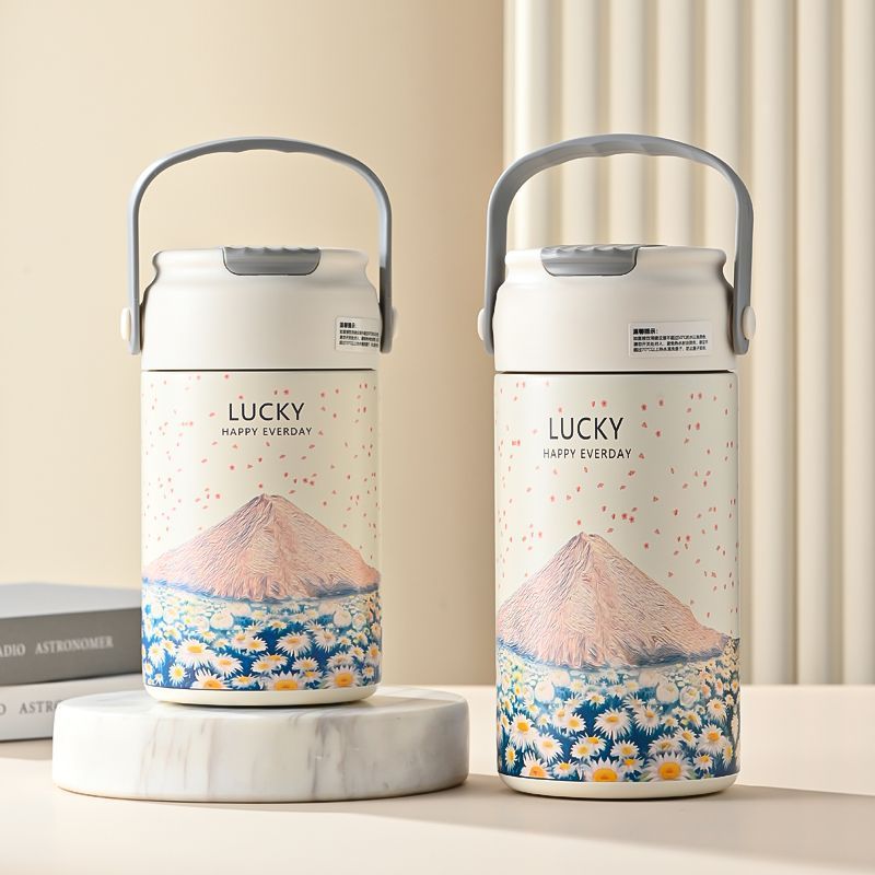 軽豪華油絵高颜値ストローカップ携帯大容量ステンレス保温カップ茶水分離泡カップ携帯|undefined