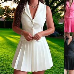 欧米の国境を越えた外国貿易の婦人服の夏の袖なしの大きい襟の馬甲の百タックのスカートのカジュアルなスーツの女性の夏の2つのセット