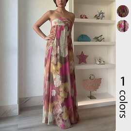 欧美外贸女装春季新款 时尚优雅通勤抹胸撞色印花拼接连衣裙长裙