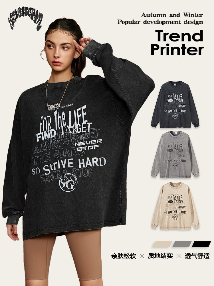 2025 primavera marca de moda europea y americana lavado con agua imprimida camiseta de hombre blusa casual cuello redondo letras de manga larga tee ropa de hombre