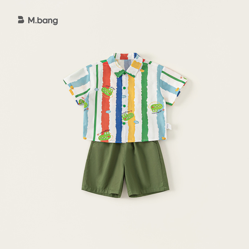 Bangxuan Summer Boys' New Casual Suit Colorful Striped Short-Sleeved Crocodile Shirt Pure Color Medium Pants Two-Piece Set