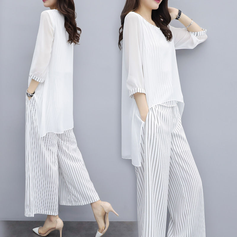 Chiffon suit women's clothing 2023 Summer new mom wear western style wide leg pants women plus size chubby girl slimming two-piece suit Chiffon suit women's clothing 2023 Summer new mom wear western style wide leg pants women plus size chubby girl slimming two-piece suit