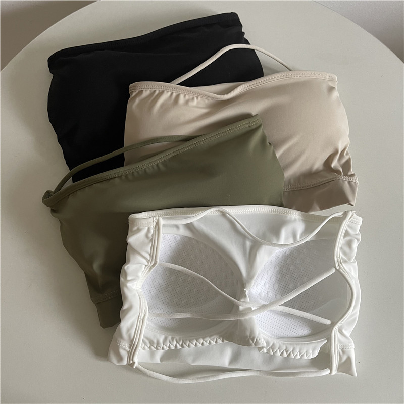 Ice silk strapless tube top underwear women's anti-exposure chest pad wrapped chest inner cross beauty back bra small chest push up