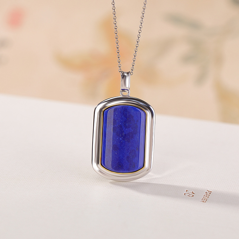 Mặt dây chuyền bạc S925 đính đá lapis lazuli phong cách vintage hình học — Mặt dây chuyền đơn (không bao gồm chuỗi)