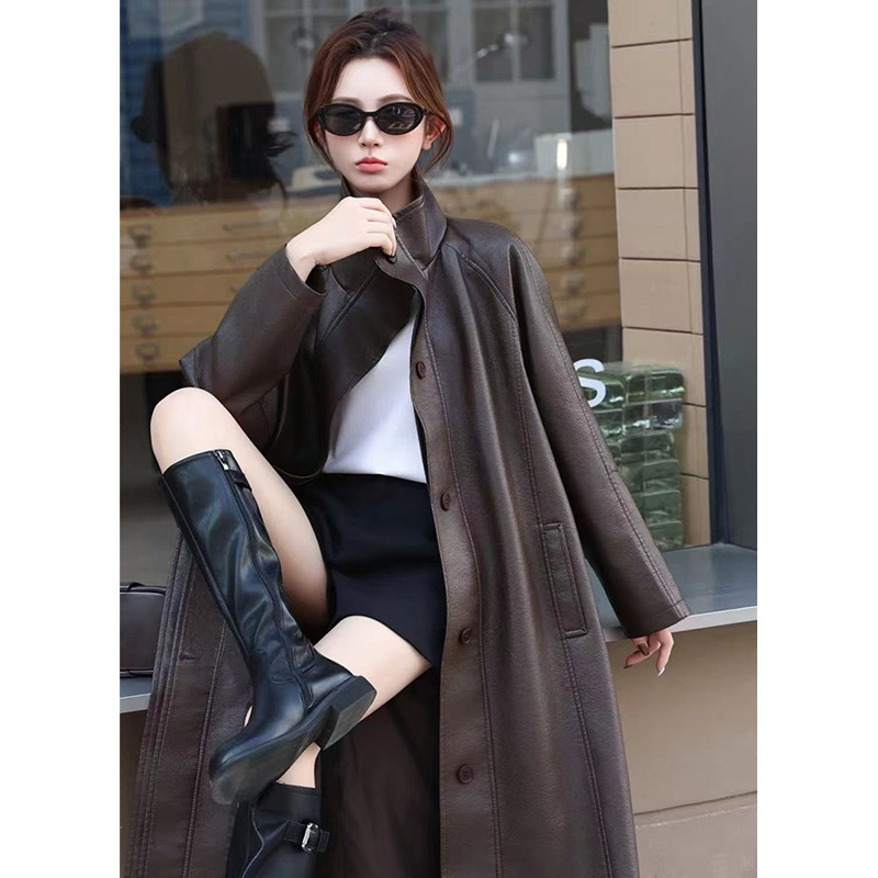 高级感立领pu皮衣外套长款女2025秋季气质系带复古过膝风衣大衣潮|undefined