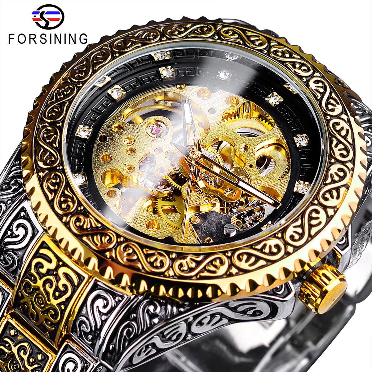 Reloj mecánico Forsining totalmente automático, reloj de hombre de oro tallado, modelo de hebilla de mariposa resistente al agua_voghion.com