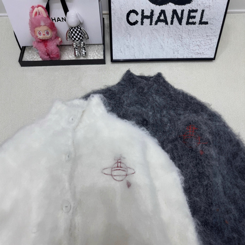 Vi25 Autumn and Winter New Trendy Brand Fashionable Lazy Saturn Embroidered Alpaca Stand-Up Collar Cardigan Sweater Jacket