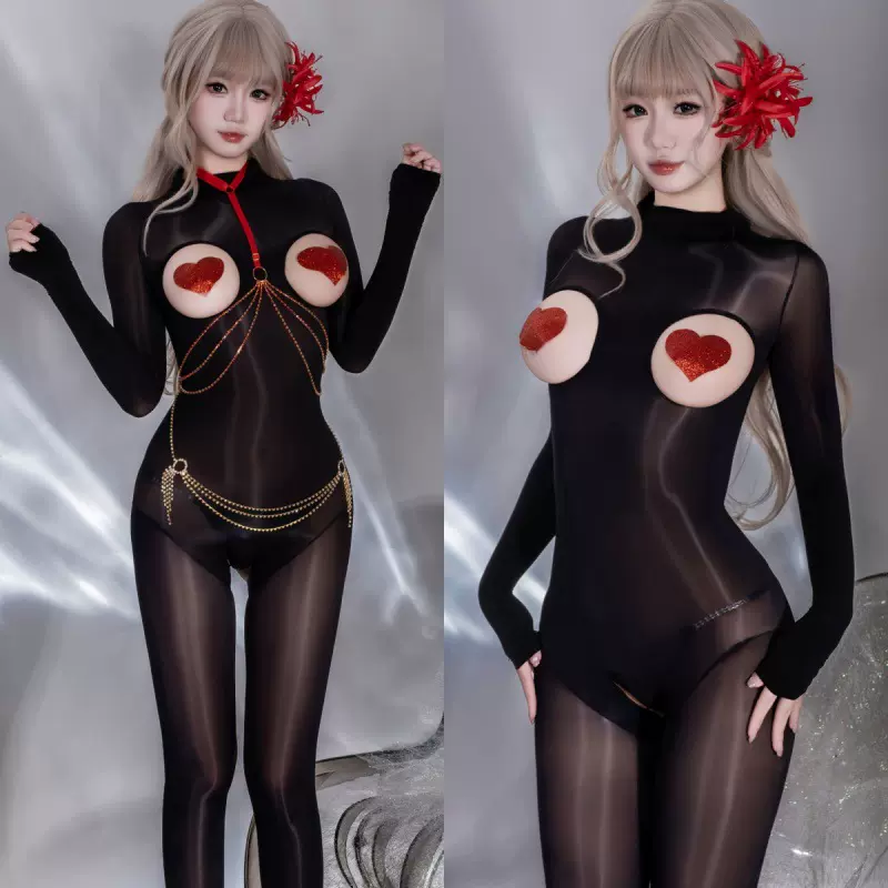 瑰云情趣内衣超薄油亮丝袜连体衣全身性感露胸无缝黑丝女开档马油