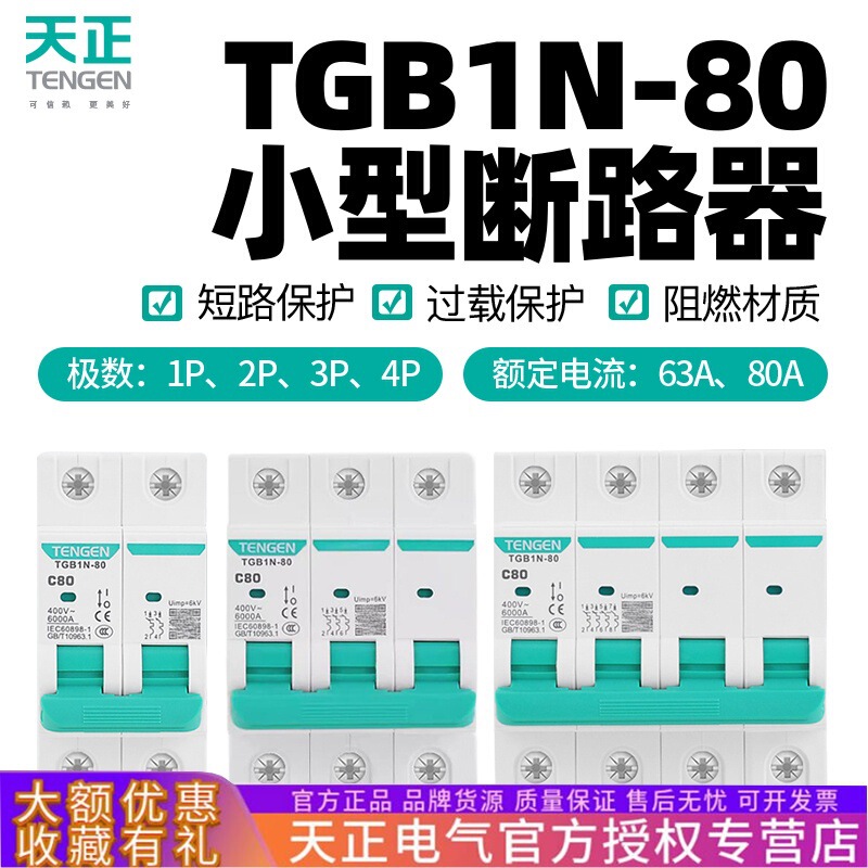 Tianzheng TGB1N-80 air switch electric knife 1P 2P 3P 4P household 80A small size miniature circuit breaker
