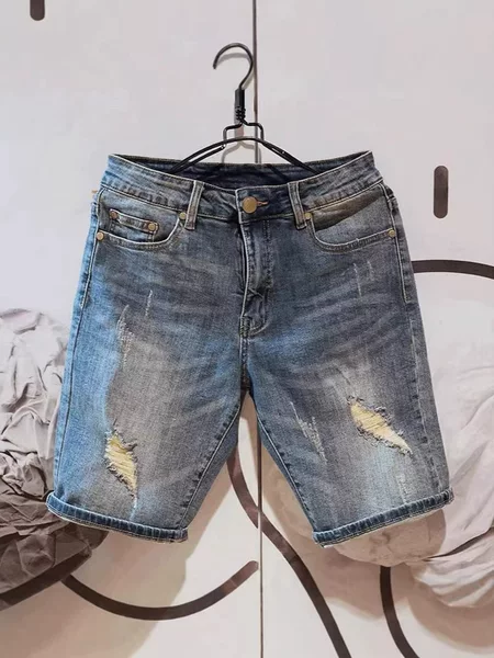 Men's Korean-Style Ripped Loose Denim Shorts, Summer Thin Casual Mid-Length Shorts, Vintage Distressed Shorts