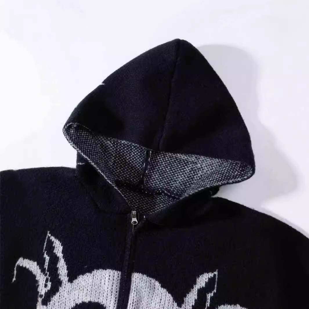 Men's Clothing dark skull jacquard personalized design cardigan zipper loose unisex hooded sweater_voghion.com
