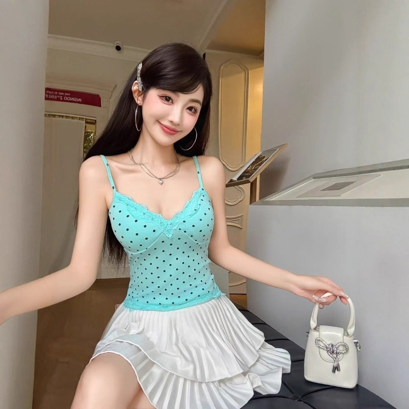Hot Girl Lace Splicing Polka Dot Camisole Women's Summer 2025 New Style Slim Short Sleeveless Top with Breast Pads