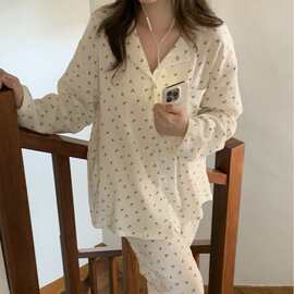 韩国ins女士春秋季新品韩系双层棉纱小碎花家居服睡衣套装长袖女