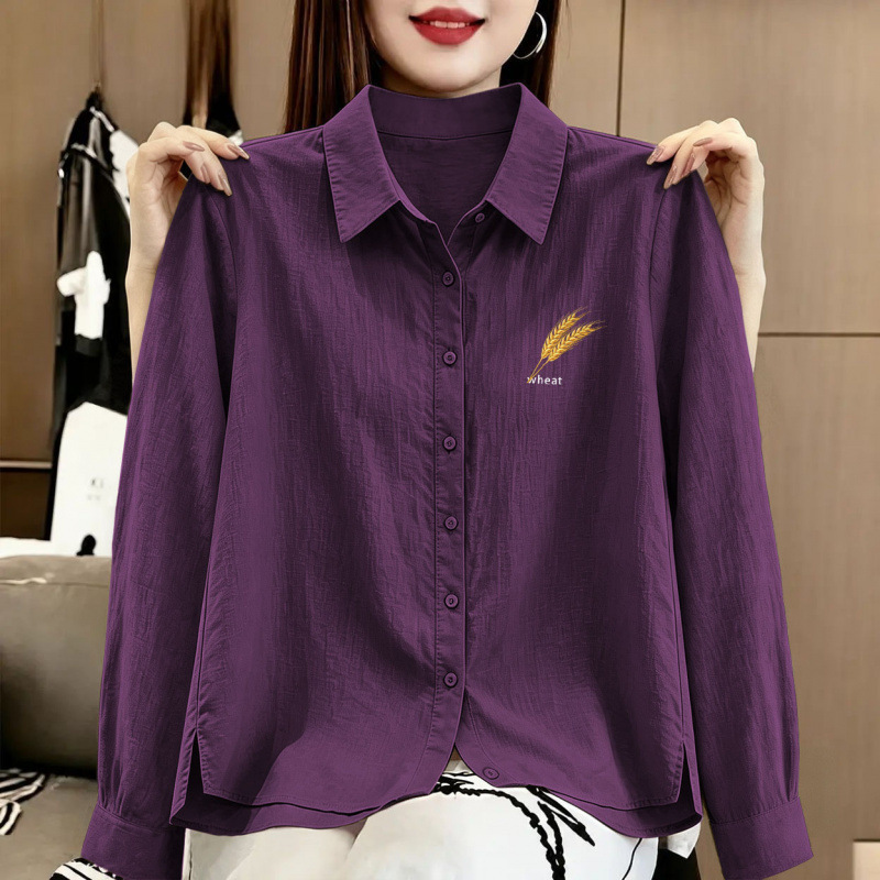 Button-down, slit-hem, relaxed-fit polo shirt with a cotton-linen print, stylish and versatile, a high-end long-sleeved outerwear piece for women Button-down, slit-hem, relaxed-fit polo shirt with a cotton-linen print, stylish and versatile, a high-end long-sleeved outerwear piece for women