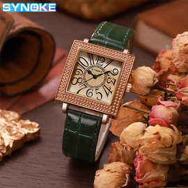 手表SYNOKE镶钻皮带石英手表女士复古方表轻奢时尚潮流大数字面学