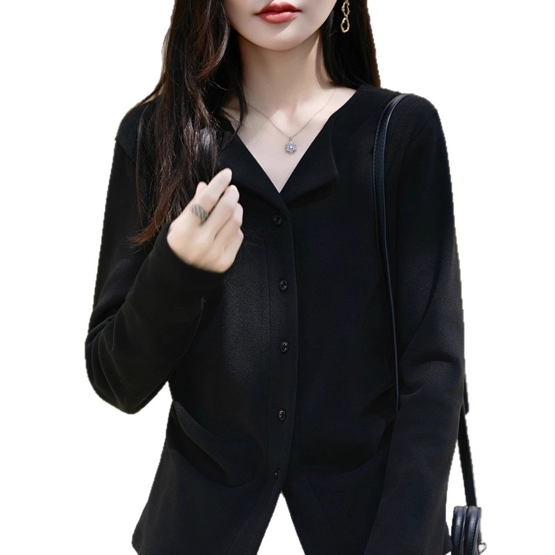 气质优雅磨毛绒面翻领休闲衬衣小衫女25秋冬保暖蓄热打底显瘦上衣|undefined