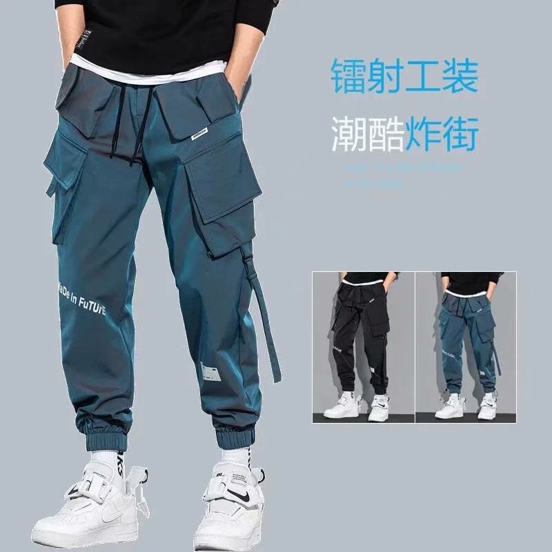 Spring and Autumn New Laser Overalls Men's and Japanese Style Trendy Brand Loose Multi-Bag Standard Band Boys Leg-tied Casual Ins Trousers