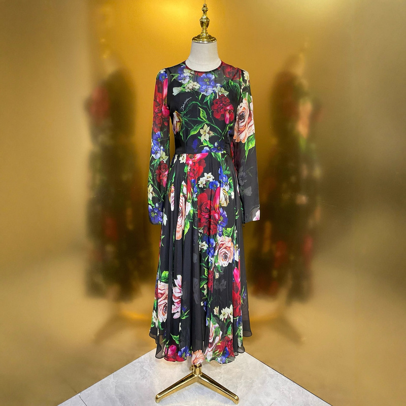 Original Colorful Silk Chiffon Fabric Silk Stretch Sun Swing Silk Dress Commuting Date Fashion Wear