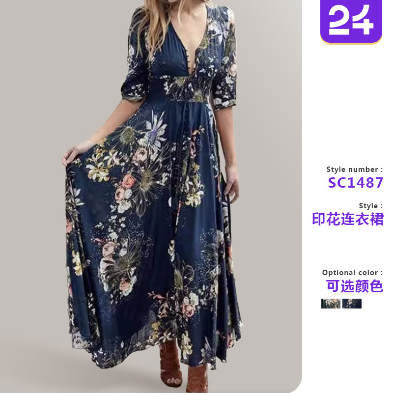 2026 Summer Low-Key Luxury and Simple Style Plus Size Women's Clothing for Girls: Personalized Print Design V-Neck Sexy Dress