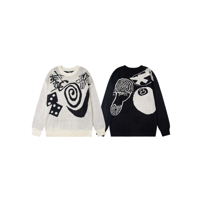 Trendy brand Stussy co-branded series mosquito coil vortex logo and mosquito coil dice pattern crew neck sweater for couples Trendy brand Stussy co-branded series mosquito coil vortex logo and mosquito coil dice pattern crew neck sweater for couples