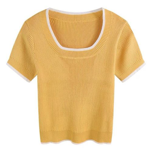 Contrast color short-sleeved knitted T-shirt for women 2023 summer new design niche slimming pure desire short pullover top