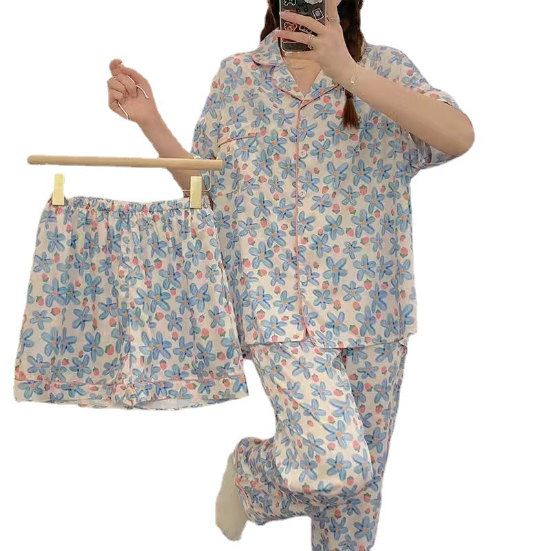 Se puede usar en exteriores, conjunto de pijama de tres piezas para mujer, nuevo estilo de la temporada de verano 2025, pantalones cortos de manga corta, pantalones largos, ropa para estar en casa, primavera y otoño. image 7