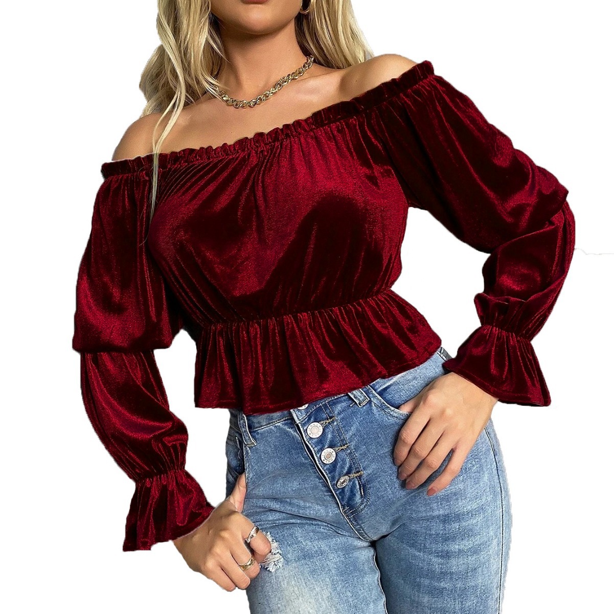 Voya Women's Clothing 2026 Spring/Summer New European And American Off-Shoulder Ruffle Elegant French Velvet Long-Sleeve T-Shirt_ecoleips.com